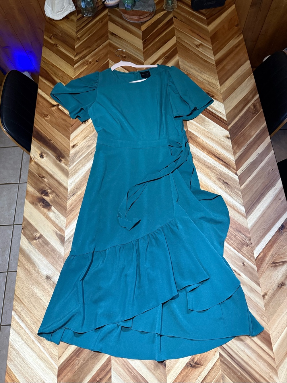 Alex Marie Teal Ruffle Midi Dress with Waist Tie